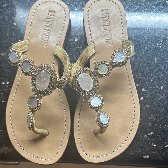 Mystique Boutique Shoes - Mystique Sandals Mother of Pearl and clear rhinestones on Gold and Tan leather